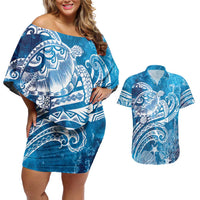 World Ocean Day Polynesian Pattern Couples Matching Off Shoulder Short Dress and Hawaiian Shirt Crystal Waves LT7 Blue - Polynesian Pride