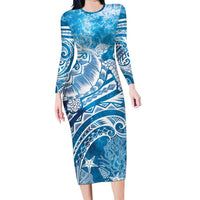 World Ocean Day Polynesian Pattern Family Matching Long Sleeve Bodycon Dress and Hawaiian Shirt Crystal Waves