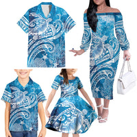 World Ocean Day Polynesian Pattern Family Matching Off The Shoulder Long Sleeve Dress and Hawaiian Shirt Crystal Waves