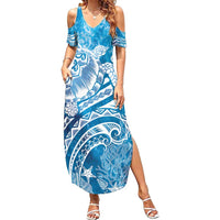 World Ocean Day Polynesian Pattern Family Matching Summer Maxi Dress and Hawaiian Shirt Crystal Waves