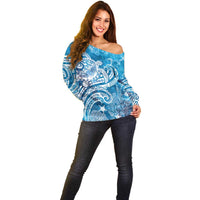 World Ocean Day Polynesian Pattern Off Shoulder Sweater Crystal Waves