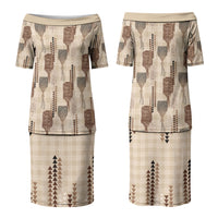 Aloha Hawaii Vintage Kahili Pa'a Lima Couples Matching Puletasi and Hawaiian Shirt Palaka Print Cozy Beige