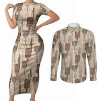 Aloha Hawaii Vintage Kahili Pa'a Lima Couples Matching Short Sleeve Bodycon Dress and Long Sleeve Button Shirt Palaka Print Cozy Beige LT7 Beige - Polynesian Pride