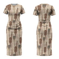 Aloha Hawaii Vintage Kahili Pa'a Lima Couples Matching Short Sleeve Bodycon Dress and Long Sleeve Button Shirt Palaka Print Cozy Beige LT7 - Polynesian Pride