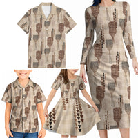 Aloha Hawaii Vintage Kahili Pa'a Lima Family Matching Long Sleeve Bodycon Dress and Hawaiian Shirt Palaka Print Cozy Beige LT7 - Polynesian Pride