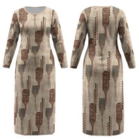 Aloha Hawaii Vintage Kahili Pa'a Lima Family Matching Long Sleeve Bodycon Dress and Hawaiian Shirt Palaka Print Cozy Beige LT7 Mom's Dress Beige - Polynesian Pride