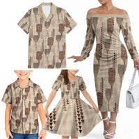 Aloha Hawaii Vintage Kahili Pa'a Lima Family Matching Off The Shoulder Long Sleeve Dress and Hawaiian Shirt Palaka Print Cozy Beige LT7 - Polynesian Pride