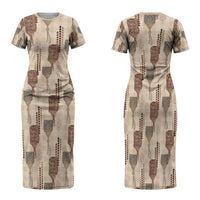 Aloha Hawaii Vintage Kahili Pa'a Lima Family Matching Short Sleeve Bodycon Dress and Hawaiian Shirt Palaka Print Cozy Beige LT7 Mom's Dress Beige - Polynesian Pride