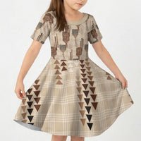 Aloha Hawaii Vintage Kahili Pa'a Lima Kid Short Sleeve Dress Palaka Print Cozy Beige