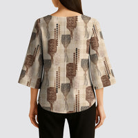 Aloha Hawaii Vintage Kahili Pa'a Lima Kimono Sleeve Blouse Palaka Print Cozy Beige