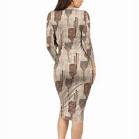 Aloha Hawaii Vintage Kahili Pa'a Lima Long Sleeve Bodycon Dress Palaka Print Cozy Beige LT7 - Polynesian Pride