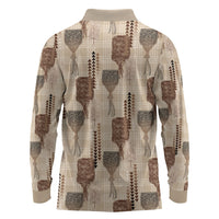 Aloha Hawaii Vintage Kahili Pa'a Lima Long Sleeve Polo Shirt Palaka Print Cozy Beige