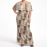 Aloha Hawaii Vintage Kahili Pa'a Lima Off Shoulder Maxi Dress Palaka Print Cozy Beige LT7 Women Beige - Polynesian Pride