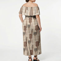 Aloha Hawaii Vintage Kahili Pa'a Lima Off Shoulder Maxi Dress Palaka Print Cozy Beige LT7 - Polynesian Pride