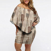Aloha Hawaii Vintage Kahili Pa'a Lima Off Shoulder Short Dress Palaka Print Cozy Beige LT7 Women Beige - Polynesian Pride