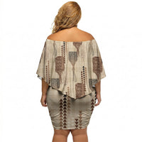 Aloha Hawaii Vintage Kahili Pa'a Lima Off Shoulder Short Dress Palaka Print Cozy Beige LT7 - Polynesian Pride