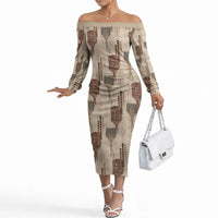 Aloha Hawaii Vintage Kahili Pa'a Lima Off The Shoulder Long Sleeve Dress Palaka Print Cozy Beige LT7 Women Beige - Polynesian Pride