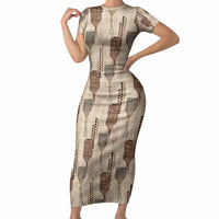 Aloha Hawaii Vintage Kahili Pa'a Lima Short Sleeve Bodycon Dress Palaka Print Cozy Beige LT7 Long Dress Beige - Polynesian Pride