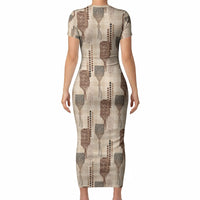 Aloha Hawaii Vintage Kahili Pa'a Lima Short Sleeve Bodycon Dress Palaka Print Cozy Beige LT7 - Polynesian Pride