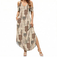Aloha Hawaii Vintage Kahili Pa'a Lima Summer Maxi Dress Palaka Print Cozy Beige LT7 Women Beige - Polynesian Pride