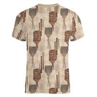 Aloha Hawaii Vintage Kahili Pa'a Lima Women V-Neck T-Shirt Palaka Print Cozy Beige