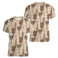 Aloha Hawaii Vintage Kahili Pa'a Lima Women V-Neck T-Shirt Palaka Print Cozy Beige