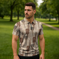 Aloha Hawaii Vintage Kahili Pa'a Lima Zipper Polo Shirt Palaka Print Cozy Beige LT7 - Polynesian Pride