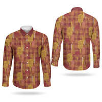 Aloha Hawaii Vintage Kahili Pa'a Lima Couples Matching Long Sleeve Bodycon Dress and Long Sleeve Button Shirt Palaka Print Hilo Royal Red-Yellow
