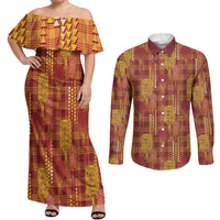 Aloha Hawaii Vintage Kahili Pa'a Lima Couples Matching Off Shoulder Maxi Dress and Long Sleeve Button Shirt Palaka Print Hilo Royal Red-Yellow