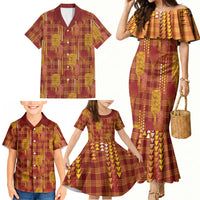 Aloha Hawaii Vintage Kahili Pa'a Lima Family Matching Mermaid Dress and Hawaiian Shirt Palaka Print Hilo Royal Red-Yellow LT7 - Polynesian Pride