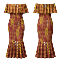 Aloha Hawaii Vintage Kahili Pa'a Lima Family Matching Mermaid Dress and Hawaiian Shirt Palaka Print Hilo Royal Red-Yellow LT7 Mom's Dress Red - Polynesian Pride