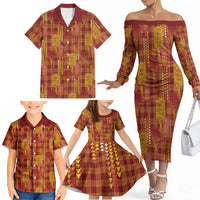 Aloha Hawaii Vintage Kahili Pa'a Lima Family Matching Off The Shoulder Long Sleeve Dress and Hawaiian Shirt Palaka Print Hilo Royal Red-Yellow LT7 - Polynesian Pride