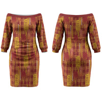 Aloha Hawaii Vintage Kahili Pa'a Lima Family Matching Off The Shoulder Long Sleeve Dress and Hawaiian Shirt Palaka Print Hilo Royal Red-Yellow LT7 Mom's Dress Red - Polynesian Pride