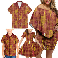 Aloha Hawaii Vintage Kahili Pa'a Lima Family Matching Off Shoulder Short Dress and Hawaiian Shirt Palaka Print Hilo Royal Red-Yellow LT7 - Polynesian Pride