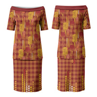 Aloha Hawaii Vintage Kahili Pa'a Lima Family Matching Puletasi and Hawaiian Shirt Palaka Print Hilo Royal Red-Yellow