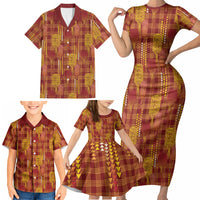 Aloha Hawaii Vintage Kahili Pa'a Lima Family Matching Short Sleeve Bodycon Dress and Hawaiian Shirt Palaka Print Hilo Royal Red-Yellow LT7 - Polynesian Pride