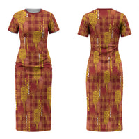 Aloha Hawaii Vintage Kahili Pa'a Lima Family Matching Short Sleeve Bodycon Dress and Hawaiian Shirt Palaka Print Hilo Royal Red-Yellow LT7 Mom's Dress Red - Polynesian Pride