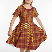 Aloha Hawaii Vintage Kahili Pa'a Lima Kid Short Sleeve Dress Palaka Print Hilo Royal Red-Yellow LT7 - Polynesian Pride