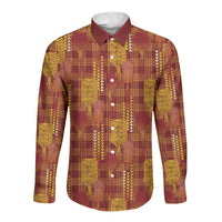Aloha Hawaii Vintage Kahili Pa'a Lima Long Sleeve Button Shirt Palaka Print Hilo Royal Red-Yellow LT7 Unisex Red - Polynesian Pride