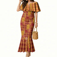 Aloha Hawaii Vintage Kahili Pa'a Lima Mermaid Dress Palaka Print Hilo Royal Red-Yellow LT7 Women Red - Polynesian Pride