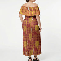 Aloha Hawaii Vintage Kahili Pa'a Lima Off Shoulder Maxi Dress Palaka Print Hilo Royal Red-Yellow LT7 - Polynesian Pride
