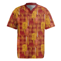 Aloha Hawaii Vintage Kahili Pa'a Lima Rugby Jersey Palaka Print Hilo Royal Red-Yellow