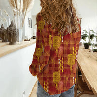 Aloha Hawaii Vintage Kahili Pa'a Lima Women Casual Shirt Palaka Print Hilo Royal Red-Yellow