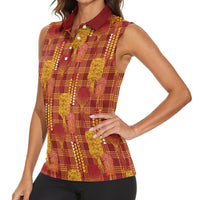 Aloha Hawaii Vintage Kahili Pa'a Lima Women Sleeveless Polo Shirt Palaka Print Hilo Royal Red-Yellow