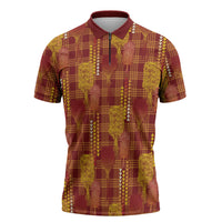 Aloha Hawaii Vintage Kahili Pa'a Lima Zipper Polo Shirt Palaka Print Hilo Royal Red-Yellow