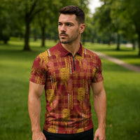 Aloha Hawaii Vintage Kahili Pa'a Lima Zipper Polo Shirt Palaka Print Hilo Royal Red-Yellow