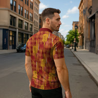 Aloha Hawaii Vintage Kahili Pa'a Lima Zipper Polo Shirt Palaka Print Hilo Royal Red-Yellow
