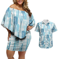Aloha Hawaii Vintage Kahili Pa'a Lima Couples Matching Off Shoulder Short Dress and Hawaiian Shirt Palaka Print Oceanic Turquoise