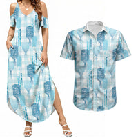 Aloha Hawaii Vintage Kahili Pa'a Lima Couples Matching Summer Maxi Dress and Hawaiian Shirt Palaka Print Oceanic Turquoise