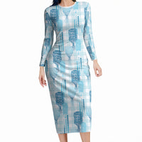 Aloha Hawaii Vintage Kahili Pa'a Lima Long Sleeve Bodycon Dress Palaka Print Oceanic Turquoise LT7 Long Dress Turquoise - Polynesian Pride